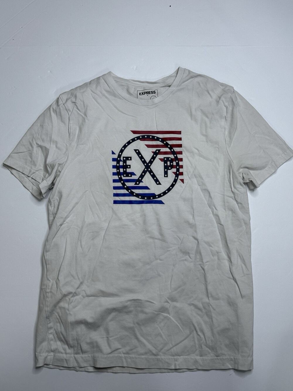 Express T Shirt Mens M White EXP USA Flag Stars Stripes Patriotic Graphic RWB